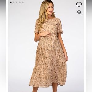 PinkBlush Maternity - Beige Floral Pleated Short Sleeve Chiffon Midi Dress